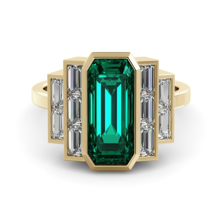 You're royal, unique, and absolutely stunning at every moment with our most exquisite vintage emerald ring!  This original vintage-designed ring features a breathtaking natural baguette-cut emerald, accompanied by no less than 10 stunning Moissanite gemstones.   This ring, weighing between 8-10 grams of gold, is meticulously handcrafted.  Set by a jeweler with over 40 years of experience, this is a true luxury, rich and royal jewel that will amaze you and anyone who sees it.  This ring leaves a particularly impressive mark, merging the spirit of the past with the present time. Truly a piece for generations to wear and cherish! If you desire a ring that combines classic fashion with luxury, this is the perfect choice for you. - This piece is made to order - production time is 5-11 business Emerald Art Deco, Emerald Engagement Rings, Emerald Art, Bijoux Art Deco, Delicate Gold Ring, Bijoux Art Nouveau, Smaragd Ring, Colored Engagement Rings, Beachglass Jewelry