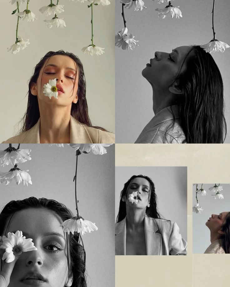 a collage of photos with flowers hanging from the ceiling and woman's face