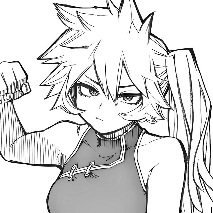 an anime character with long hair, wearing a tank top and holding her fist up