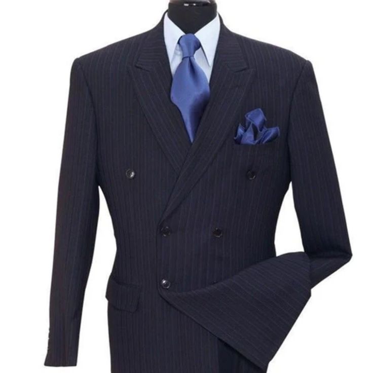 Classic Fit: This Double Breasted Suit Is Tailored To Provide A Timeless, Sophisticated Look. 6 On 2 Button Closure: The 6 On 2 Button Closure Ensures A Secure Fit And A Modern, Stylish Look. Wide Peak Lapels: The Wide Peak Lapels Create A Sharp, Distinctive Silhouette. Side Vents: The Side Vents Provide A Comfortable Fit And Maximum Ease Of Movement. Pleated Pants: The Pleated Pants Add A Timeless, Traditional Touch To The Suit. Smooth Pinstripe: The Smooth Pinstripe Adds A Subtle Touch Of Texture And Visual Interest To The Suit. This Double Breasted Suit Is The Perfect Combination Of Style, Comfort, And Versatility. The Classic Fit, 6 On 2 Button Closure, Wide Peak Lapels, Side Vents, Ple Elegant Fitted Striped Sets, Elegant Striped Fitted Sets, Fitted Striped Double Breasted Suit With Suit Collar, Striped Long Sleeve Suits For Semi-formal Occasions, Pinstripe Long Sleeve Semi-formal Suits, Striped Double Breasted Suit For Business Casual, Fitted Pinstripe Double Breasted Suit For Business Casual, Fitted Striped Double Breasted Suit For Semi-formal Occasions, Semi-formal Striped Double Breasted Suit