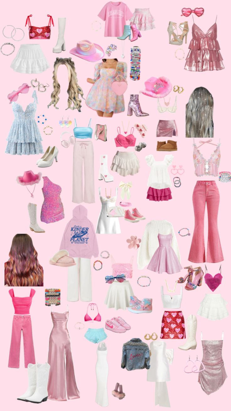 a collage of dolls and clothes on a pink background