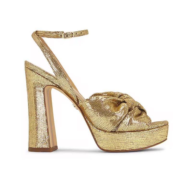 Metallic Snake Embossed Leather Upper With Manmade Sole Imported Ankle Buckle Closure Knot Detail At Vamp Rubber Tap Heel Square Toe Approx 120mm/ 4.75 Inch Heel Approx 25mm/ 1 Inch Platform New Without Box With Store Markings At The Bottom. Gold Platform Sandals For Formal Occasions, Gold Platform Heels For Gala, Gold Platform Heels For Formal Occasions, Gold Leather Platform Heels, Glamorous Gold Heels With Reinforced Heel, Glamorous Gold Heels With Removable Insole, Luxury Gold Synthetic Heels, Gala Heels With Wrapped Heel And Round Toe, Gold Synthetic Heels For Formal Occasions