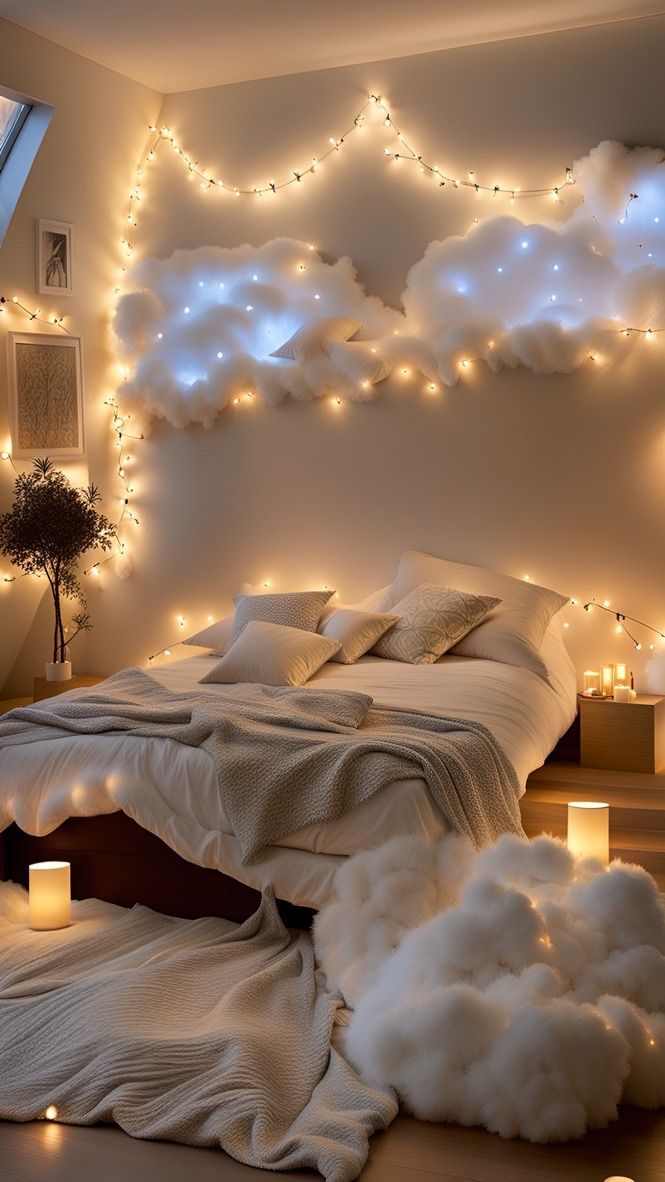 a bedroom decorated in white with clouds and lights