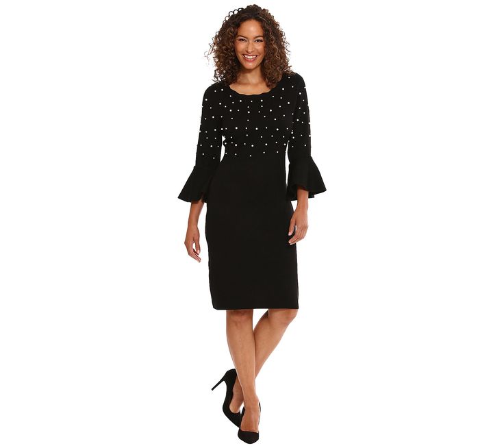 With a splash of simulated pearls and soft sweater-knit fabrication, this festive bell-sleeve dress approaches the moment with sophistication and comfort. From London Times. Bell Sleeve Sweater, Black Sheath Dress, Womens Crewneck, Bell Sleeve Dress, Womens Size Chart, Flared Sleeves, Dress Clothes For Women, Bell Sleeve, Sleeve Sweater