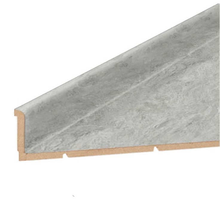 the corner profile of a wooden door frame with grey paint and wood trim on it