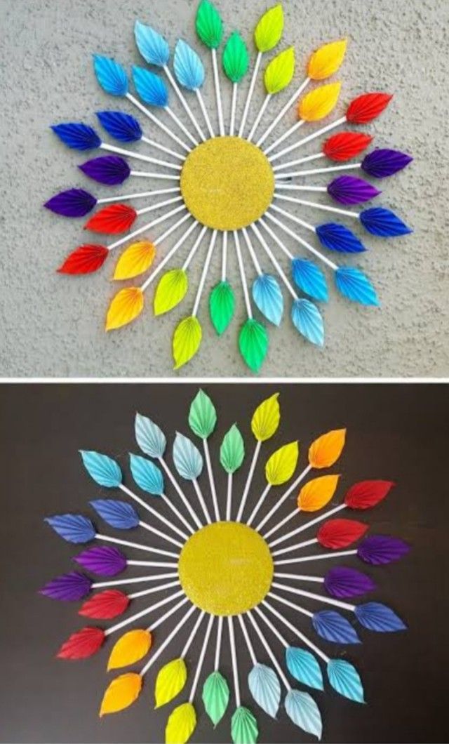 two pictures with different colored leaves in the middle and one is made out of paper