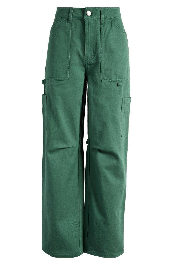 Fall for the silhouette of these casual-cool carpenter pants designed with wide legs. 29" inseam; 19" leg opening; 11 1/2" front rise; 14 1/2" back rise (size 29) 100% cotton Machine wash, line dry Imported Spring Utility Wide-leg Cargo Jeans, Spring Utility Full Length Work Pants, Spring Utility Work Pants Full Length, Utility Wide-leg Cargo Jeans For Spring, Spring Full Length Cargo Work Pants, Green Full-length Cargo Jeans With Patch Pockets, Green Wide Leg Cargo Pants With Five Pockets, Utility Cargo Pants With Five Pockets For Spring, Green Wide Leg Jeans With Belt Loops