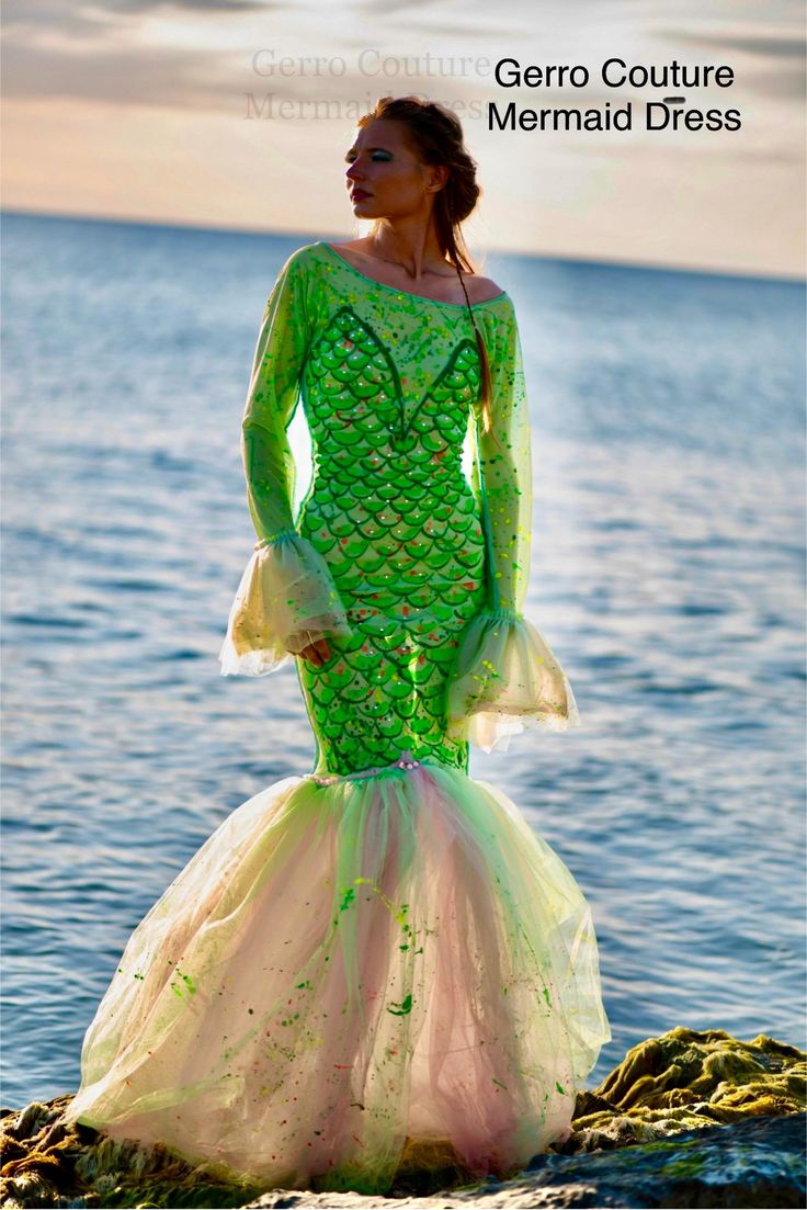 Original one of a kind hand made mermaid dress green and pink hand painted sheer knit tulle tail and bell cuff, size medium. Mermaid Fin, Gowns Black, Sheer Knit, Mermaid Dress, Green And Pink, Little Mermaid, Dress Clothes For Women, The Little Mermaid, Black Tie