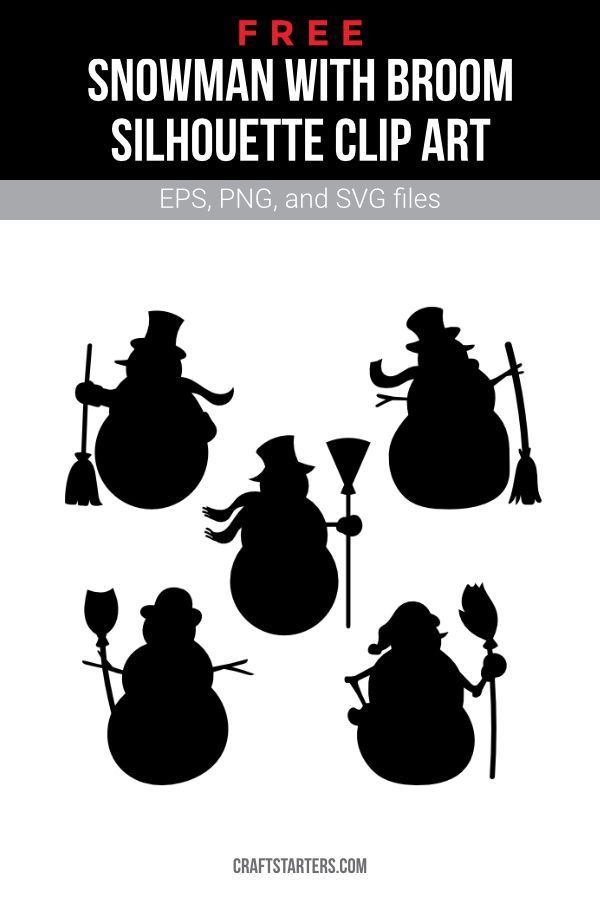 snowman with broom silhouette clip art is shown in black and white, as well as the