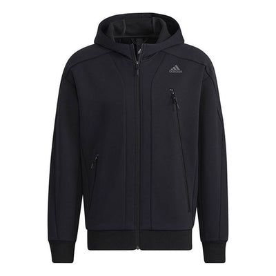 Adidas Sports hooded casual Jacket Black H39237 (Men's/Casual) Sporty Hooded Fleece Jacket, Sporty Hooded Jacket For Fall Sports, Casual Fleece Hooded Jacket For Sports, Sporty Hooded Jacket With Ribbed Cuffs For Fall, Sports Hoodie Outerwear, Adidas Outerwear With Drawstring Hood For Streetwear, Sports Season Fleece Hoodie Outerwear, Casual Fleece Windbreaker For Sports, Athleisure Hooded Jacket With Drawstring Hood For Sports Season