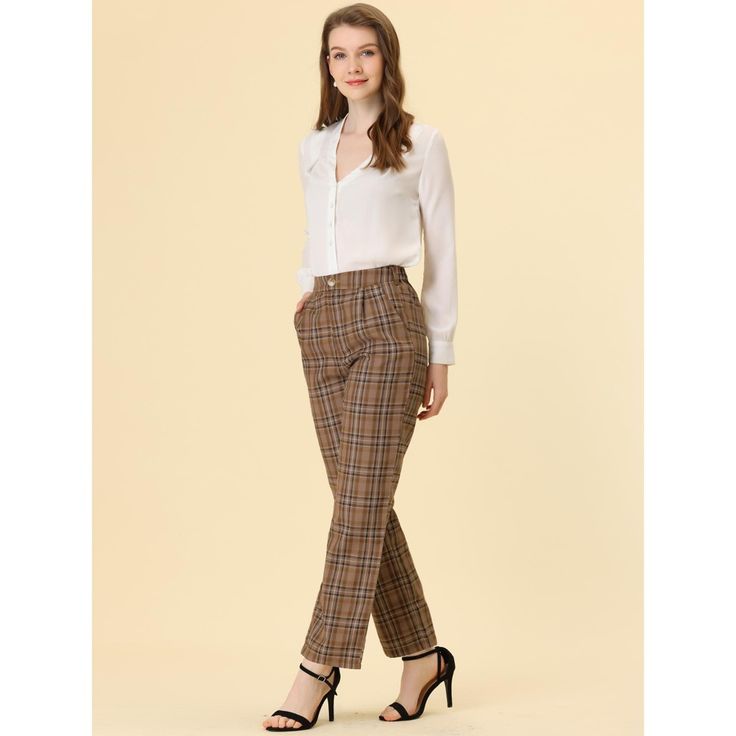 These pants are essential for dressing up or down. Lightweight fabric, covered in a plaid pattern, shapes these trendy trousers with a high-rise fit. How it is a bit high waist and how it gathers at the waist adding shape to the body. You may love everything about these trousers, from their regular fit to the elastic high-waist, which could double as a hiding mechanism for women with love handles. Style these trousers with a crop top and heels for the ultimate look. This fashionable and trendy c Tailored Casual Plaid Pants, Tailored Plaid Casual Bottoms, Chic High-waisted Plaid Pants, Plaid Straight Pants For Fall, Plaid Pants For Workwear, Plaid Ankle-length Pants With Pockets, Chic Plaid Straight Leg Pants, Plaid Casual Pants For Business Casual, Plaid Pants For Business Casual