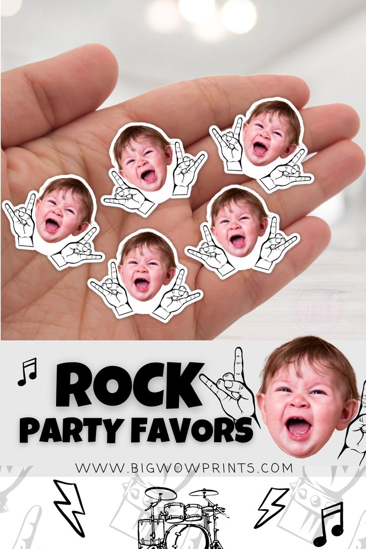 a person holding out their hand with stickers on it that say rock party favors