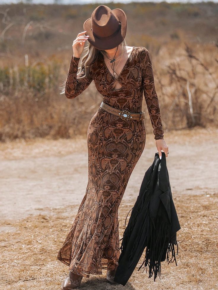 Bohemian V-Neck Long Sleeve Paisley Print Semi-Sheer Maxi Dress For Women,  Brown Dress, Mexican Women Dress Coffee Party  Long Sleeve Knitted Fabric Snakeskin Print,Plants,All Over Print Bodycon Medium Stretch  Women Clothing, size features are:Bust: ,Length: ,Sleeve Length: Coffee Party, Sheer Maxi Dress, Mexican Women, Maxi Dress For Women, Women's Shapewear, Brown Dress, Inspiration Mode, Women Dress, Dress For Women