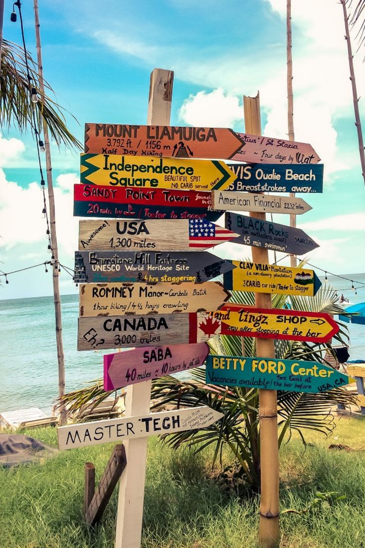 a wooden sign with many different signs on it in front of the ocean and palm trees