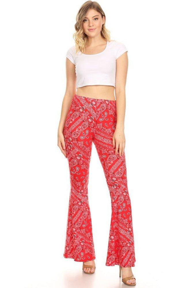 Bandana printed hippie flares are awesome. Elastic waist. The fit is great. poly/spandex. Trendy Summer Full-length Flares, Casual Stretch Flares, Trendy Non-stretch Red Leggings, Trendy Red Non-stretch Leggings, Trendy Stretch Full Length Flares, Fitted Hippie Pants For Fall, Hippie Fitted Pants For Fall, Hippie Style Fitted Pants For Fall, Trendy Fitted Festival Bottoms