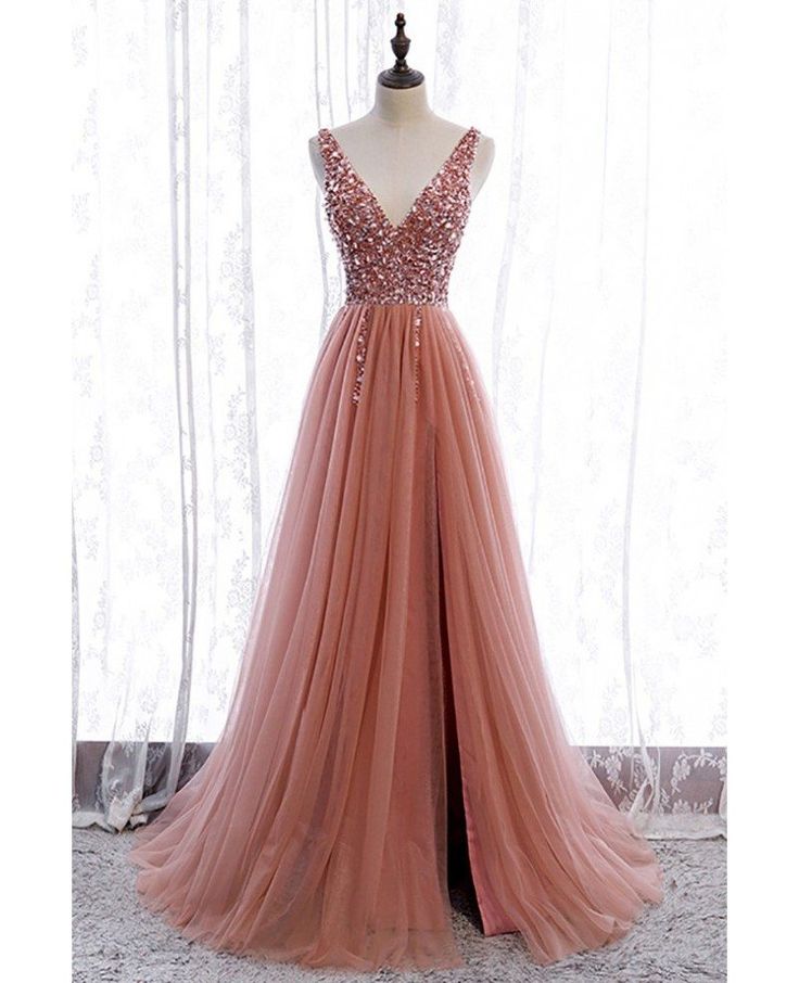 Buy sequined vneck split pink prom dress aline sleeveless with train at affordable price online. Free shipping and pro custom service since 2009. Prom Dress Pink, Formal Dresses Graduation, Prom Dresses Elegant, A Line Evening Dress, Tulle Evening Dress, Pink Formal Dresses, Graduation Dresses, Sequin Evening Dresses, Beaded Prom Dress