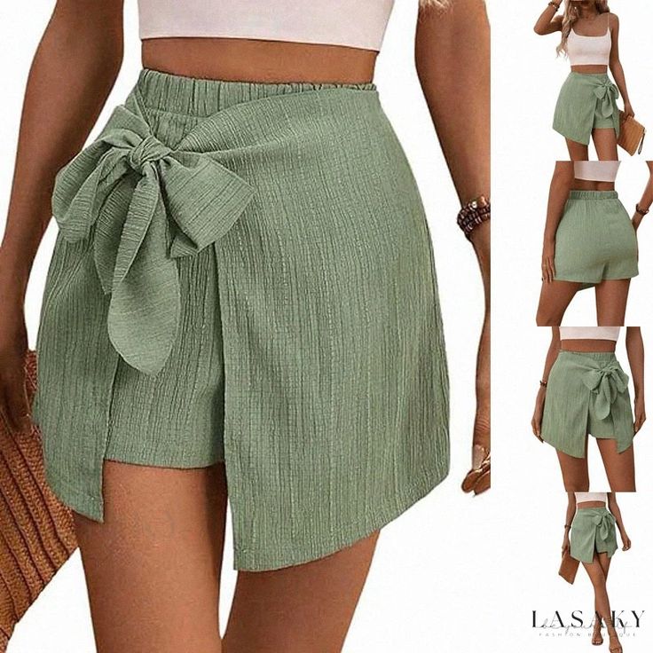 Lasaky - Asymmetrical Hem Elastic Waist Casual Shorts with Stylish Front Tie Fitted Tie Waist Bottoms For Summer, Casual Pants With Asymmetrical Hem For Spring, Versatile High Waist Shorts For Spring, Trendy Green Bottoms With Tie Waist, Casual Bottoms With Asymmetrical Hem, Casual Bottoms With Asymmetrical Hem In Solid Color, Casual Bottoms With Solid Color And Asymmetrical Hem, Casual Summer Pants With Asymmetrical Hem, Versatile Asymmetrical Bottoms For Spring