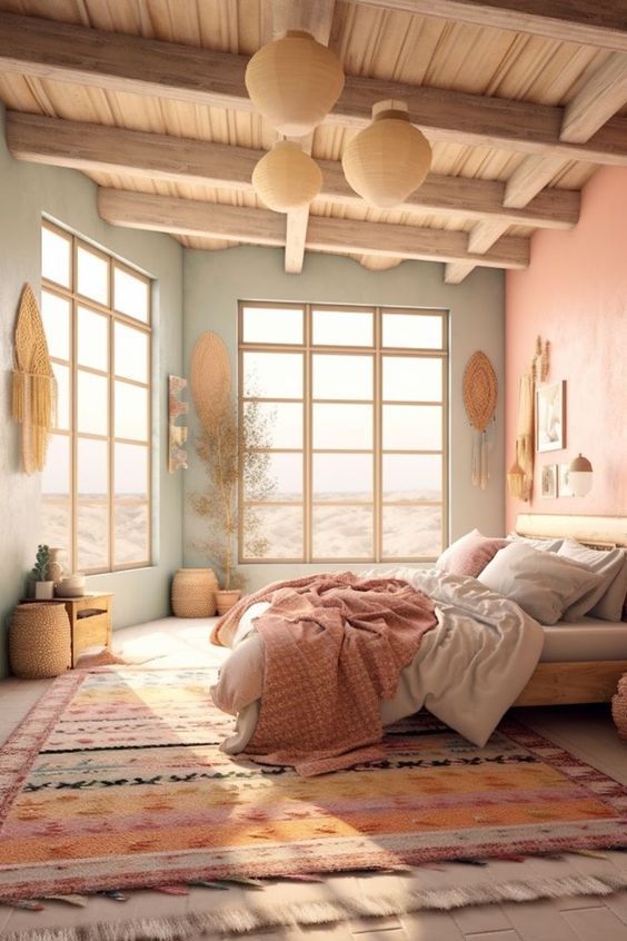 a bedroom with a large bed and lots of pillows on the floor next to windows