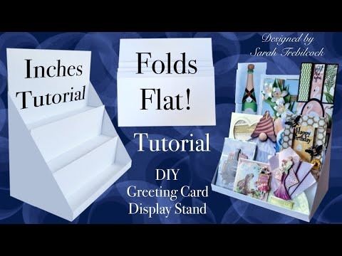 the instructions to make a folding card display stand with pictures and text that reads folds flat