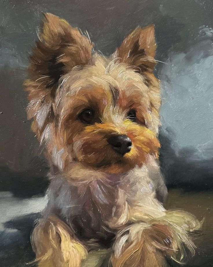 a painting of a brown and white dog