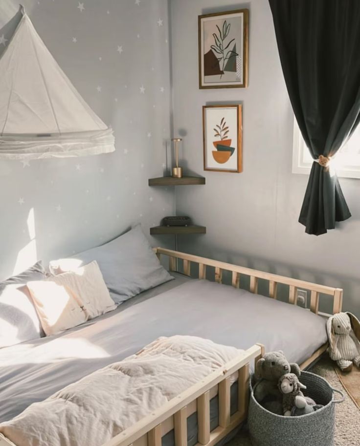 a small child's bedroom with a bed and toys