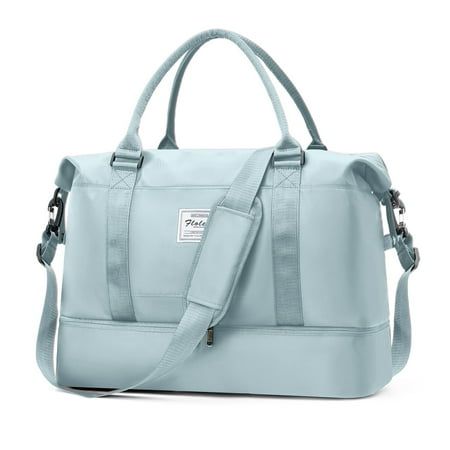 a light blue bag with straps on the front and shoulder strap, it has a small zipper