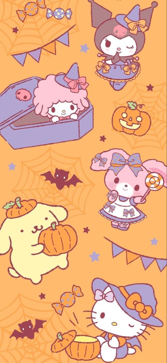 hello kitty halloween wallpaper with pumpkins, bats and cats on it's orange background