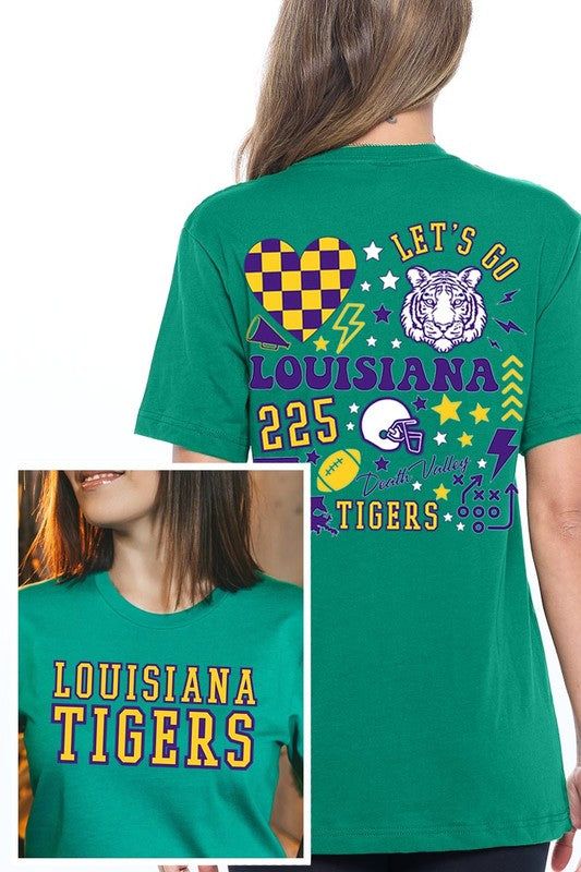 LSU TIGERS,FOOTBALL UNISEX SHORT SLEEVE,GRAPHIC TEE,GRAPHIC TSHIRTS,TSHIRTS,TEES100%COTTON,HEATHER(52%COTTON,48%POLY),ATH.HEATHER,BLACK HEATHER(90%COTTON,10%POLY)NICARAGUAMade In: NicaraguaSize Measurement (inch): S: 36.0 (Bust), 18.0 (Waist), 18.0 (Hips), 28.0 (Length) M: 40.0 (Bust), 20.0 (Waist), 20.0 (Hips), 29.0 (Length) L: 44.0 (Bust), 22.0 (Waist), 22.0 (Hips), 30.0 (Length) XL: 48.0 (Bust), 24.0 (Waist), 24.0 (Hips), 31.0 (Length) Green Sports T-shirt With Sublimation Print, Varsity Style Tops With Sublimation Print And Short Sleeve, Green Fan Apparel T-shirt For Game Day, Green T-shirt With Sublimation Print For Football Season, Green T-shirt For Football Season, Green Crew Neck Top With Team Logo, Sporty Green Tops For Fan Gear, Green Tops With Team Logo For Fan Gear, Green Top With Team Logo For Fan Gear