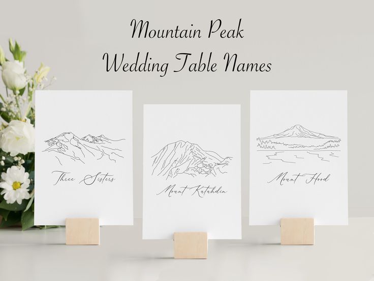 three mountain peak wedding table names are displayed on easels with flowers in the background