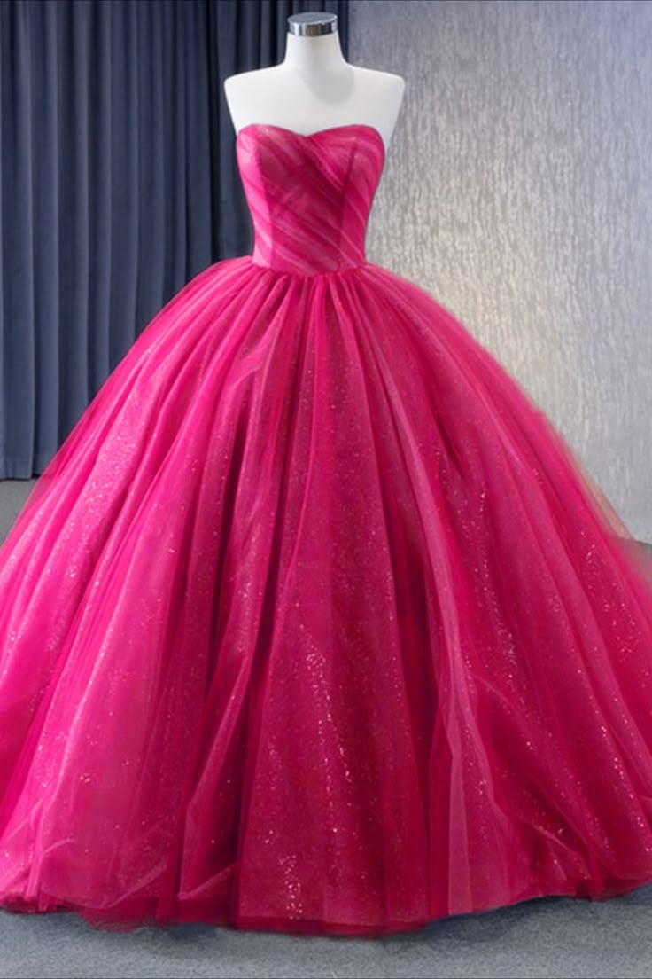 Hot Pink Quinceanera Dresses Hot Pink Quinceanera, Hot Pink Long Dress, Hot Pink Quinceanera Dresses, Pink Quinceanera Dresses, Xv Dresses, Debut Dresses, Pink Quinceanera, Strapless Ball Gown, Sweet Sixteen Dresses