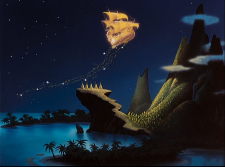 a painting of a boat floating in the air over a tropical island at night with palm trees