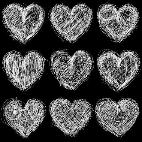 hand drawn heart shapes on blackboard with white chalk crayon effect, set of nine