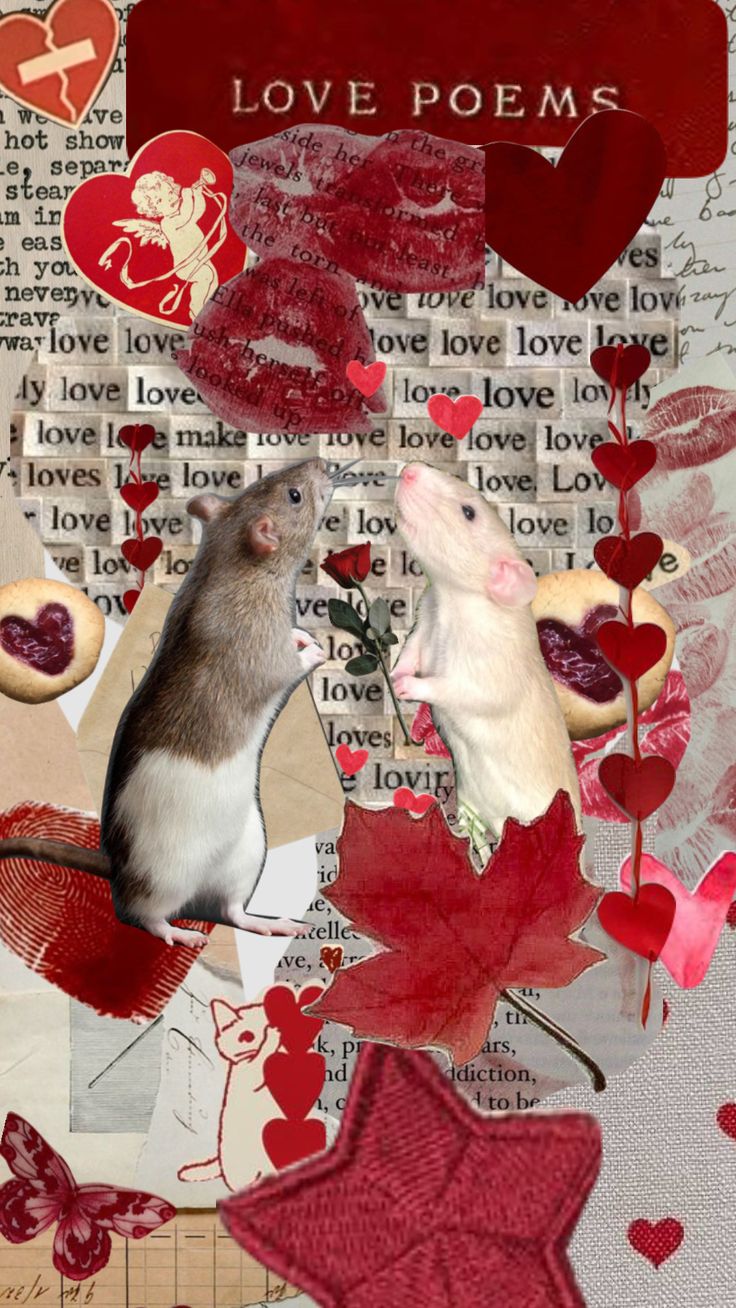 two mice in love surrounded by red hearts and paper collages with the words love poem written above them