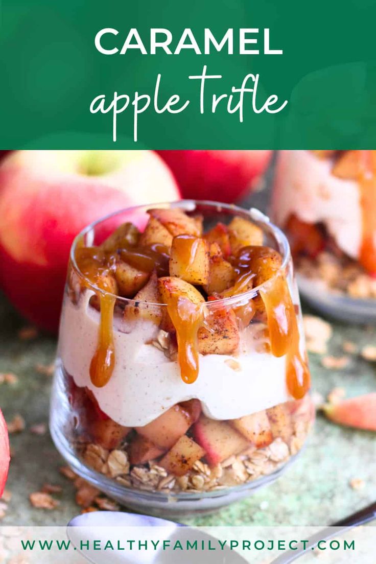 caramel apple trifle with yogurt and granola in the middle on a plate