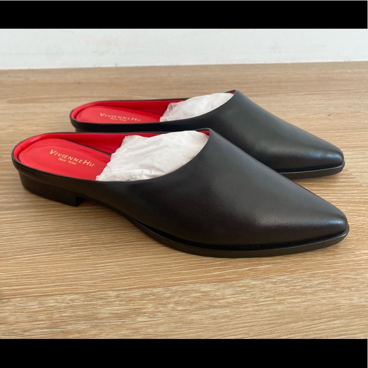 New With Box, Vivienne Hu Beautiful Shoes Formal Mules With Red Sole And Pointed Toe, Formal Pointed Toe Mules With Red Sole, Elegant Pointed Toe Mules With Rubber Sole, Leather Lined Slip-on Mules For Evening, Evening Slip-on Mules With Leather Lining, Evening Slip-on Mules With Rubber Sole, Black Calf Leather Mules For Party, Designer Formal Mules With Contrasting Heel, Elegant Evening Mules With Rubber Sole