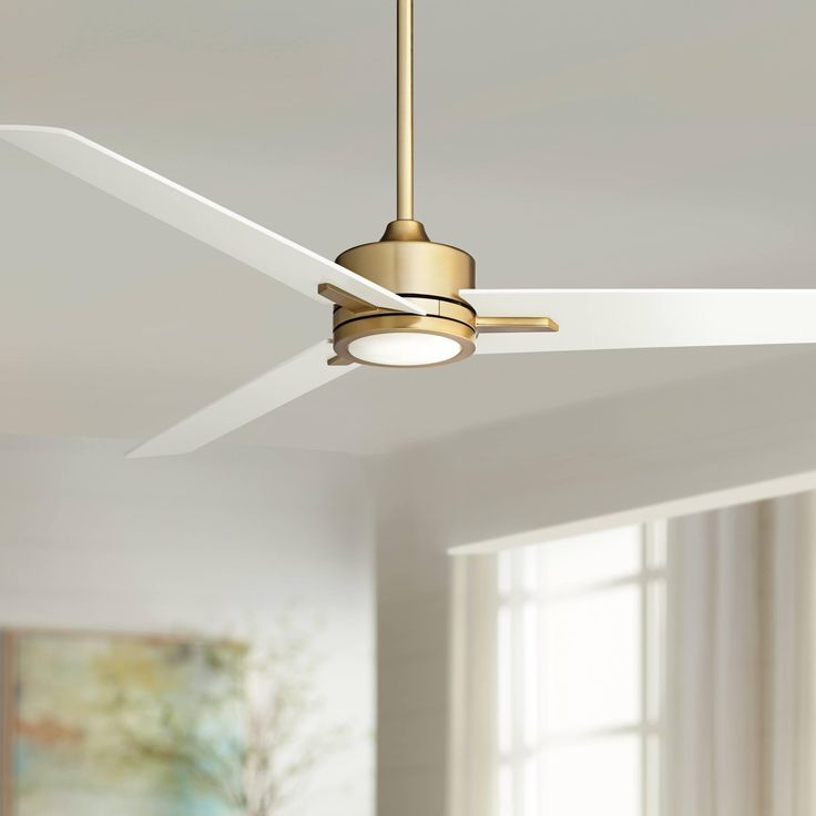 a ceiling fan in a room with white walls