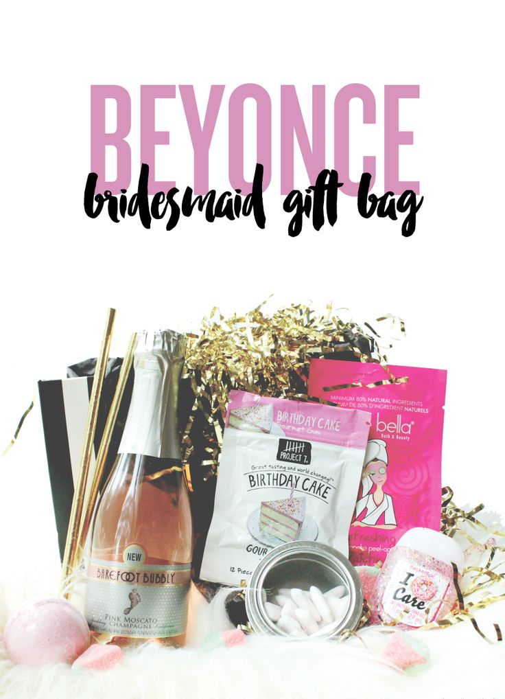 the bridesmaid gift bag is filled with champagne, candy and other items for her