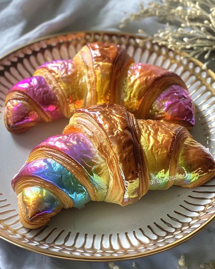 there are some candy wrapped in foil on the plate with gold trimmings and pink, blue, green, yellow, and purple colors