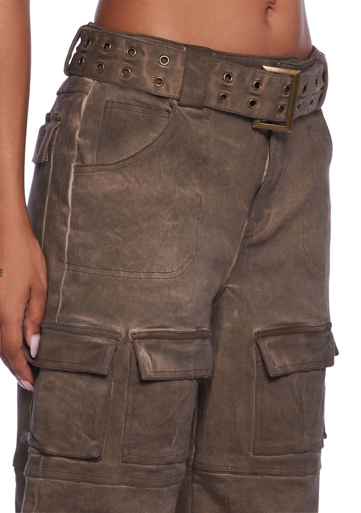 These cargo pants have a washed twill construction, a removable belt with a grommet design, front pockets, four front flap pockets, two side pockets with a velcro closure, back pockets with a velcro closure, and a front zipper and button closure. Khaki Cotton Cargo Jeans With Belt Loops, Utility Cargo Pants With Flap Pockets, Khaki Straight Leg Cargo Jeans With Belt Loops, Brown Utility Parachute Pants With Belt Loops, Military Style Cotton Cargo Shorts With Belt Loops, Khaki Wide Leg Cargo Jeans With Belt Loops, Utility Parachute Pants With Belt Loops, Utility Cargo Pants With Belt Loops And Straight Leg, Brown Cotton Cargo Jeans With Belt Loops