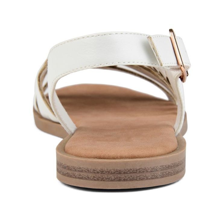 The Solay sandal by Journee Collection is such a unique piece to add to your closet. This fun sandal features a braided diagonal strap detail with a multi strap toe design. This sandal is unique where it has a buckle detail, but this is a slip-on shoe. You can easily slide your foot in and have the back to hold you in place. The cushioned insole finishes off the design. At Journee Collection, our sandal styles are going to be perfect for any occasion. Whether that be a formal, business, or casua Adjustable Slingback Sandals With Woven Sole And Ankle Strap, Adjustable Ankle Strap Slingback Sandals With Woven Sole, Adjustable Slingback Sandals With Woven Sole, Adjustable Strappy Sandals With Braided Straps, Adjustable Braided Strap Strappy Sandals, Strappy Slingback Sandals With Buckle Closure For Beach, Chic Adjustable Sandals With Braided Straps, Chic Sandals With Braided Straps And Adjustable Fit, Adjustable Ankle Strap Sandals With Braided Straps