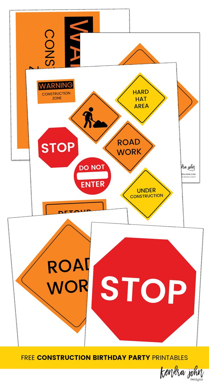 various road work signs and stickers are shown