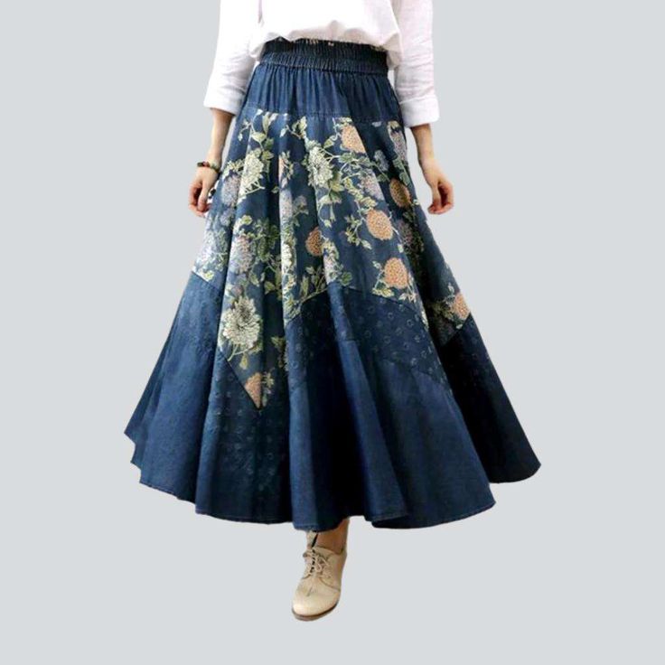 Introducing the 2023 Spring-Summer Collection's Color Flowers Print Denim Skirt ââ‚?the perfect combination of street trend and modern chic!Why You'll Love This Street StapleThis painted fit-and-flare high-waisted denim skirt is designed to flatter your figure and make a statement. Crafted from premium quality denim. it features an eye-catching color flowers print. a resilient rubber closure. and a sleek slim fit. for a look that is both relaxed and on-trend.Key Highlights: Street Style: Elevate High Waist Floral Print Skirt For Summer, Non-stretch High Waist Denim Skirt For Spring, Bohemian Spring Bottoms With Floral Patchwork, Floral Print Flared Skirt Bottoms For Summer, Spring Bohemian Bottoms With Floral Patchwork, Flared Denim Skirt For Summer, High Waist Cotton Skirt For Summer, Trendy Long Denim Skirt For Summer, Trendy Flare Skirt For Spring