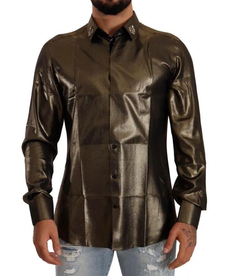 Dolce & Gabbana Metallic Gold DG Embroidered Crown Silk Top Men's Shirt (Pre-Owned) Embroidery On Collar, Long Sleeve Collared Shirt, Shirt Model, Gold Crown, Color Dorado, Collared Shirt, Dolce & Gabbana, Silk Top, Collar Shirts