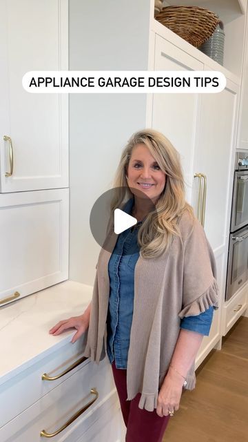 a woman standing in front of a kitchen counter with the words appliance garage design tips