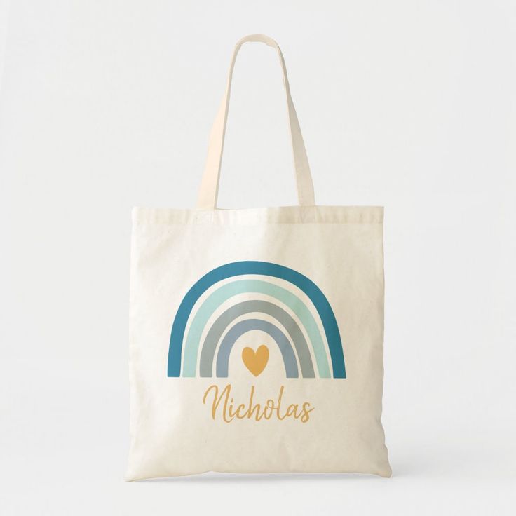 Personalized Boho Blue Rainbow Tote Bag Color: Natural. Gender: unisex. Age Group: adult. Diy Tote Bag Design, Boho Tote Bag, Painted Tote, Boho Blue, Teacher Tote, Cute Rainbow, Diy Tote Bag, Custom Tote Bags, Blue Rainbow