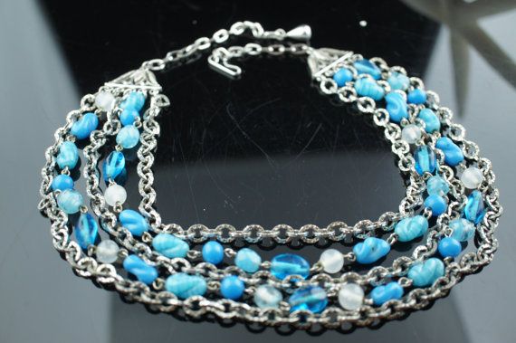 Vintage Art Deco Necklace chain Choker Beaded Beads clear blue   Several Strands 5 strands silver to Blue Multi-strand Metal Jewelry, Blue Jewelry With Round Bead Chains, Blue Jewelry With Round Beads Chain, Vintage Art Deco Necklace, Beaded Beads, Silver Wings, Art Deco Necklace, Yellow Gold Engagement, Sterling Jewelry