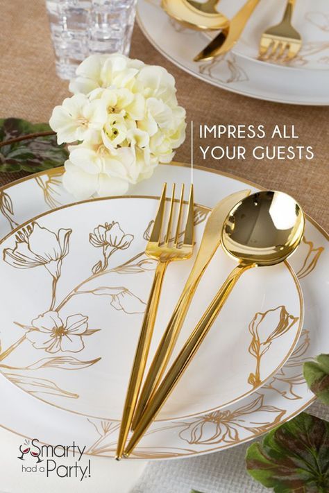 With a gold antique floral design and a white color, these sleek and stylish disposable dinner plates are perfect for any event or for hosting a large party Dinner Party Plates, Plastic Party Plates, Dinner Party Decorations, Golden Birthday, Antique Floral, Floral Plates, Disposable Plates, 50th Wedding Anniversary, Glamorous Wedding