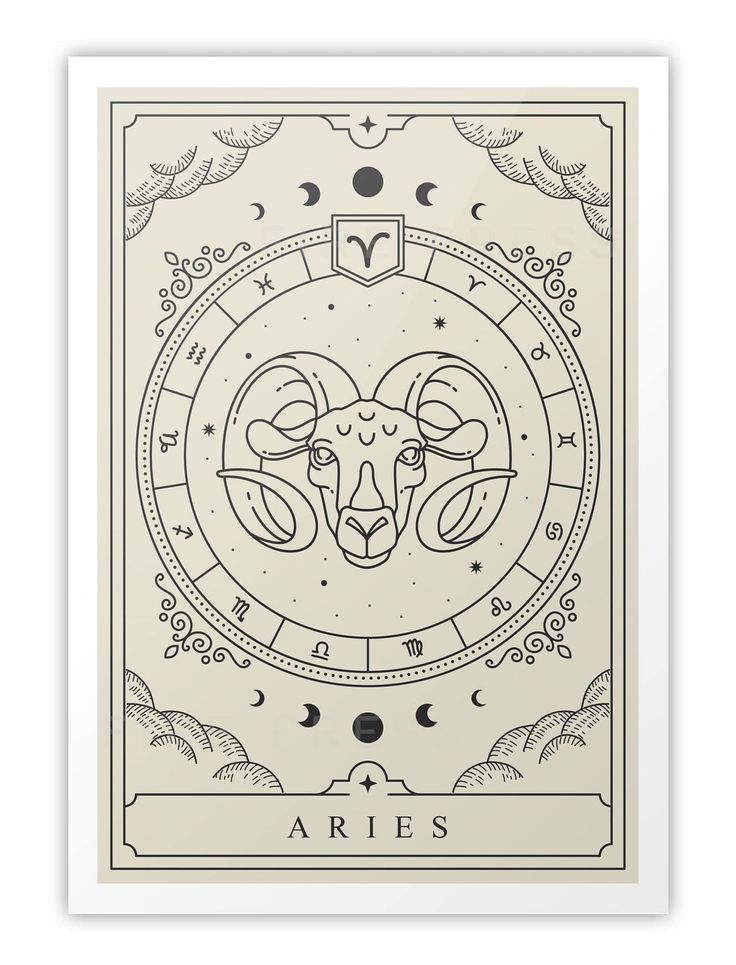 the zodiac sign aris in black and white on a beige background with clouds around it