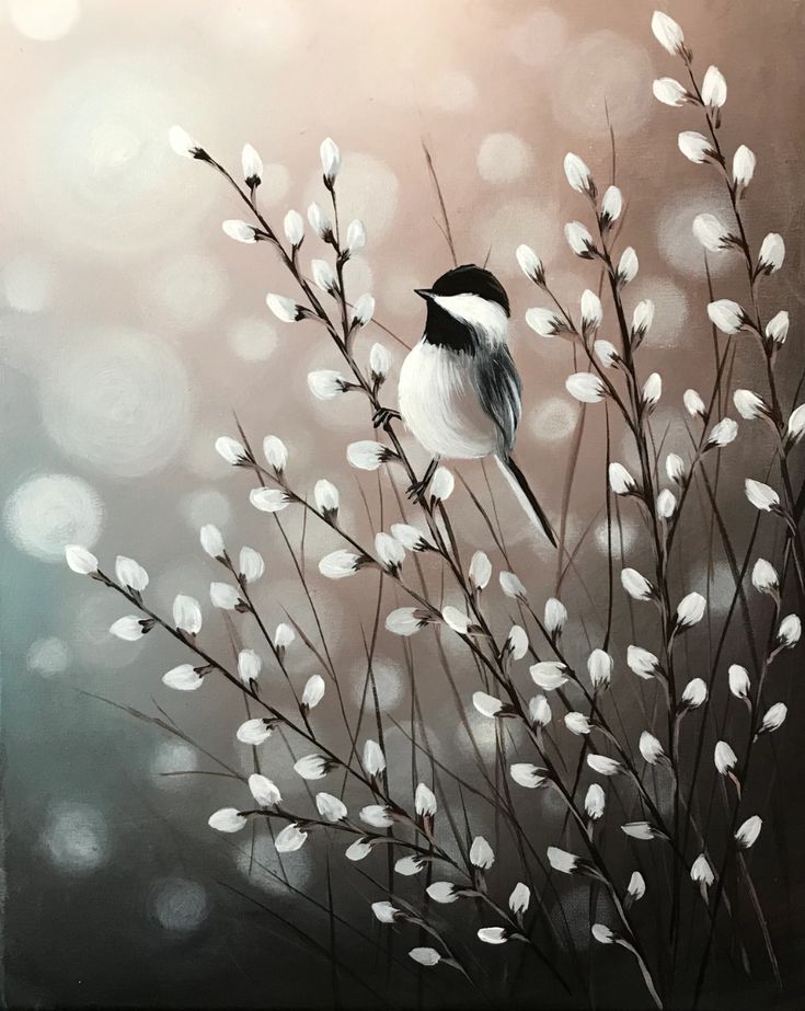 a painting of a bird sitting on top of a tree branch with white flowers in the foreground