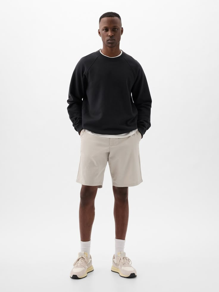 Smooth cotton-blend twill shorts.  Button closure, zip fly.  Front slant pockets, back button-welt pockets.  This short is made with 98% regenerative cotton, which is grown using holistic agricultural practices that improve soil health, climate resilience, water retention, and local biodiversity.  * Fit: Relaxed.  An easy silhouette throughout.  Mid rise.  Models are 6′1″–6′2″ 185 cm–188 cm) with a 31″ 79 cm) waist & 32–33″ 81 cm–84 cm) inseam & are wearing Gap Men Crewneck Outfit, Vintage Summer Outfits Men, Dude Fits, Basketball Lifestyle, Crewneck Outfit, Vintage Summer Outfits, Easy Silhouette, Men Crewneck